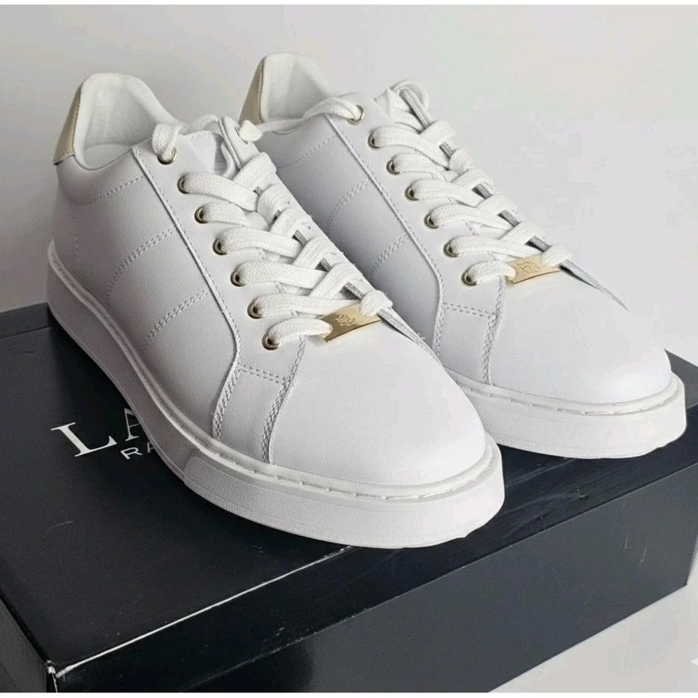 Polo Lauren Ralph Lauren Women's Angeline White/Gold LOGO Sneakers 10B NIB RARE